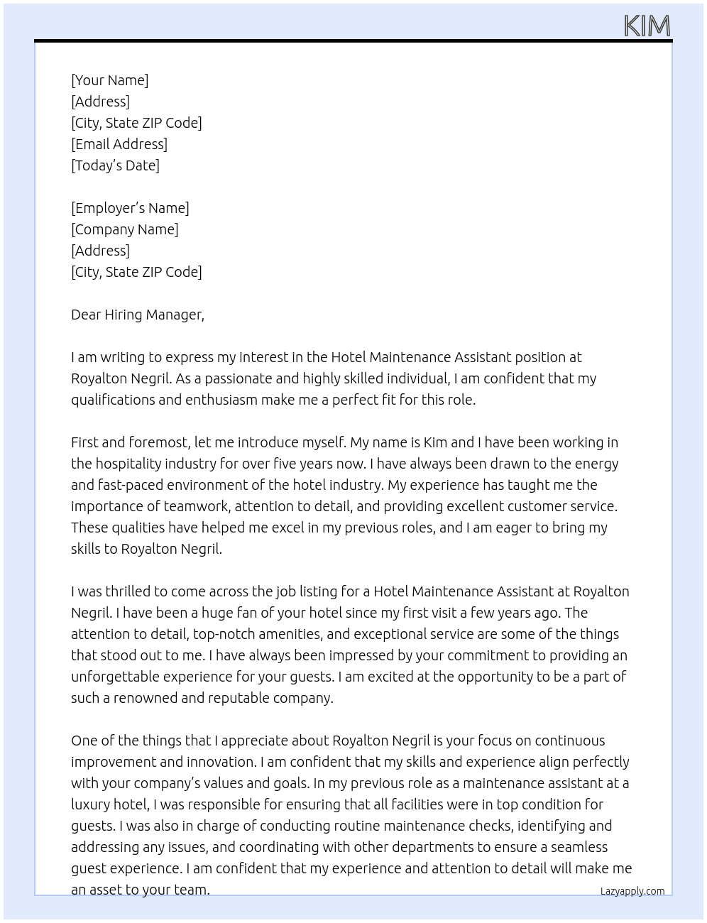 Hotel Maintenance Assistant At Royalton Negril Cover Letter