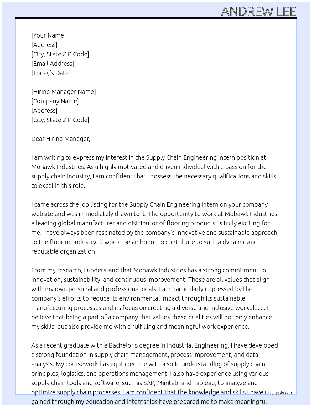 Supply Chain Engineering Intern At Mohawk Industries Cover Letter