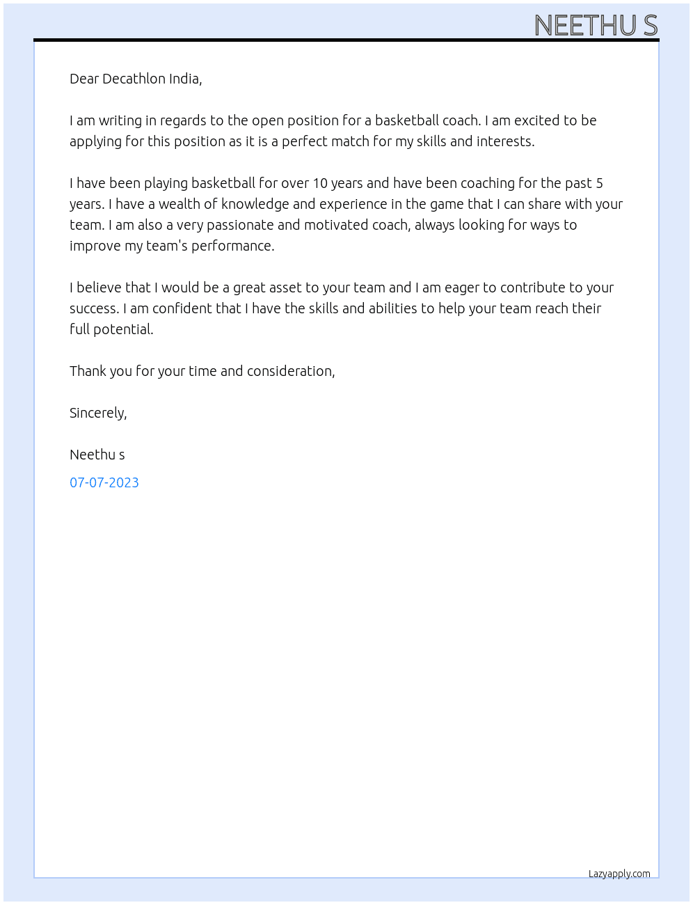 basketball  At Decathlon India Cover Letter