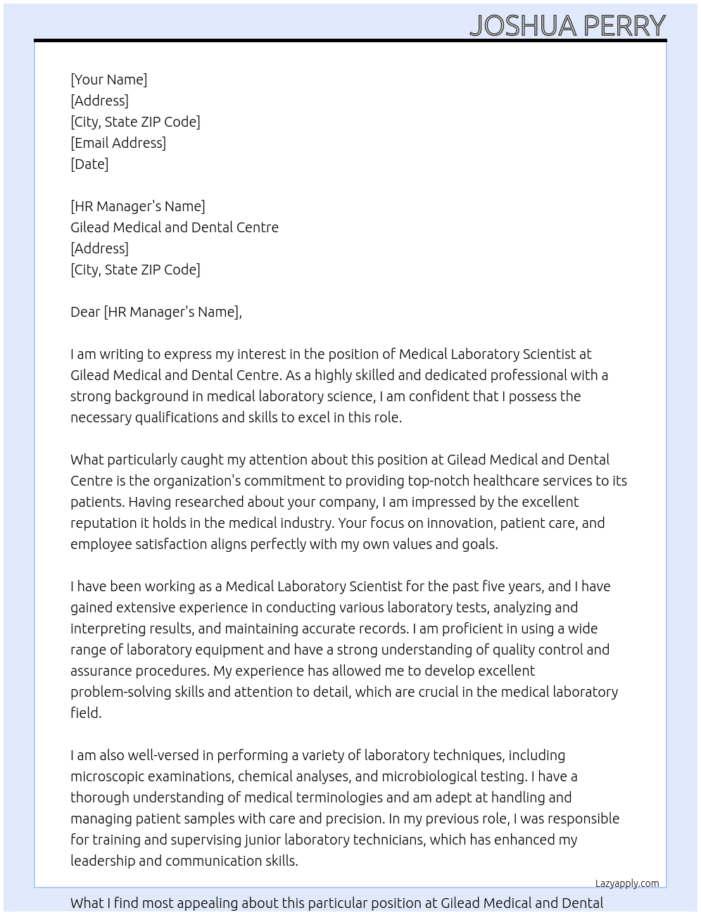 Medical laboratory scientist At Gilead medical and dental centre Cover Letter
