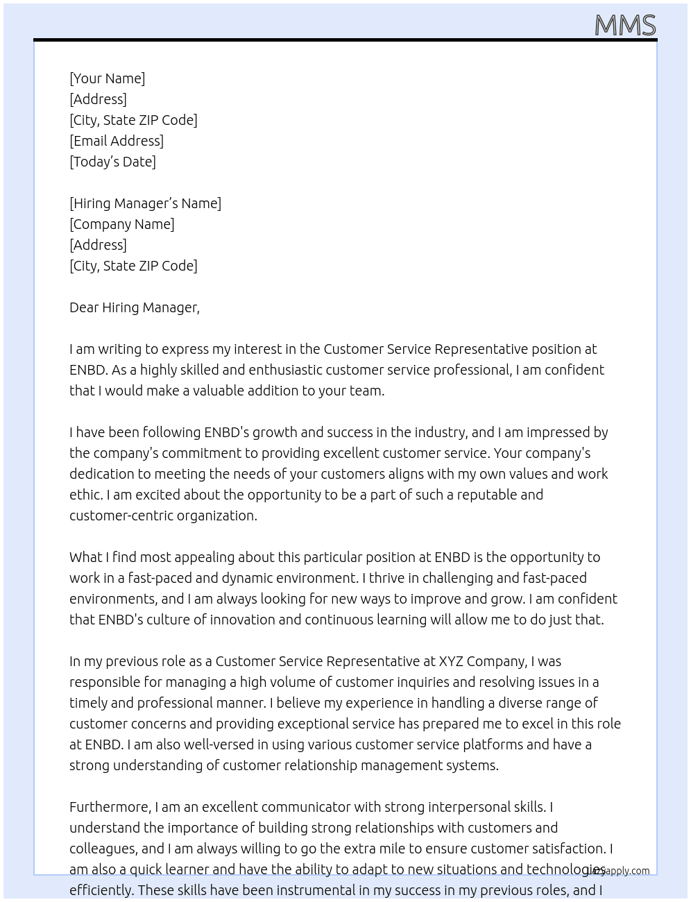 Customer Service Representative At ENBD Cover Letter