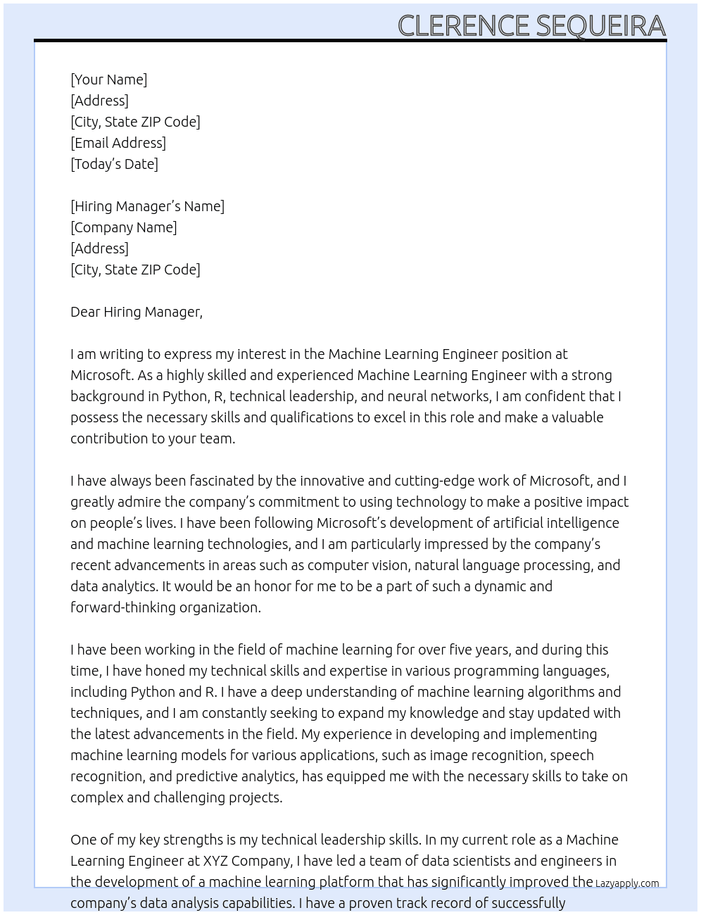 Machine Learning Engineer At Microsoft Cover Letter