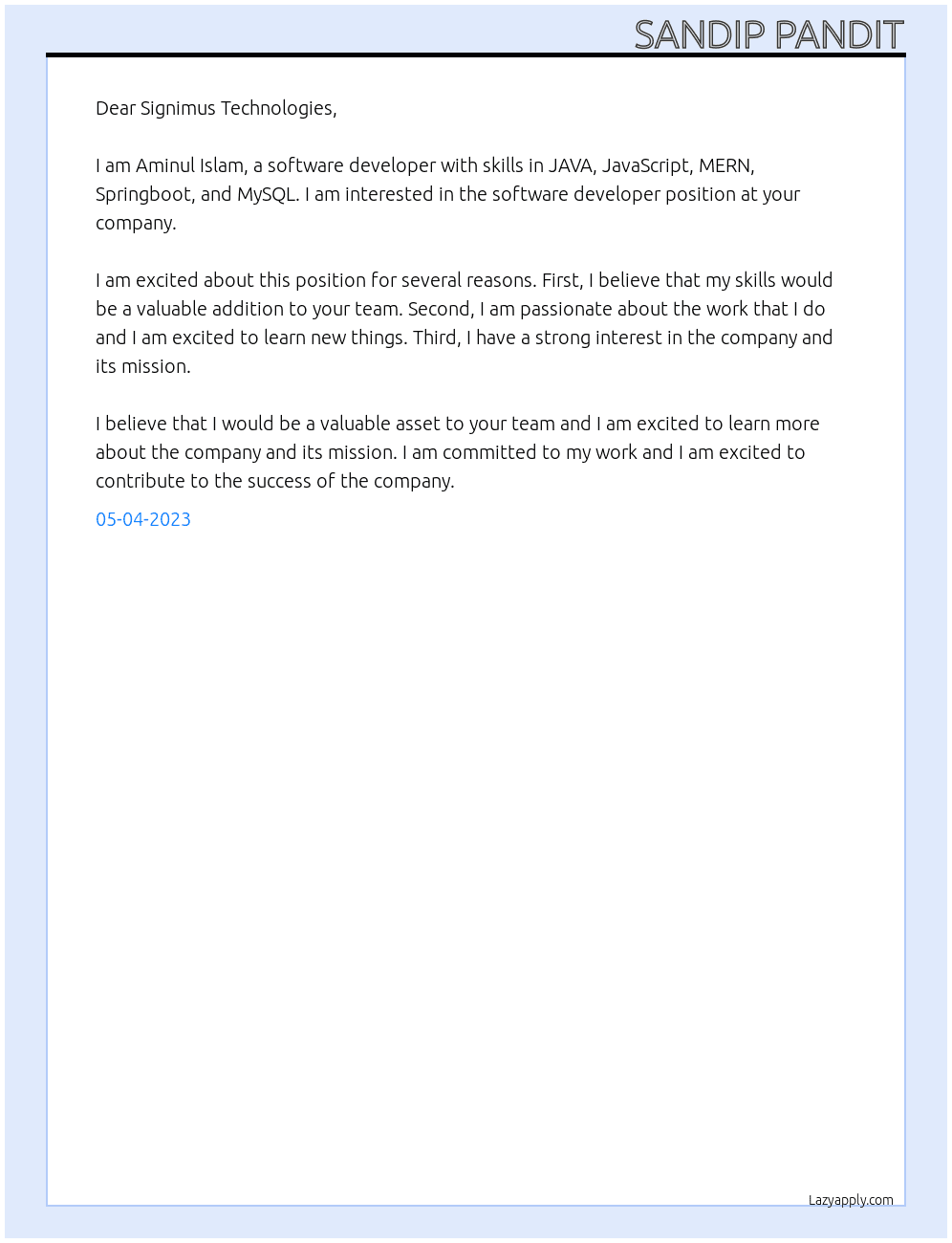 Software developer At Signimus Technolgies Cover Letter