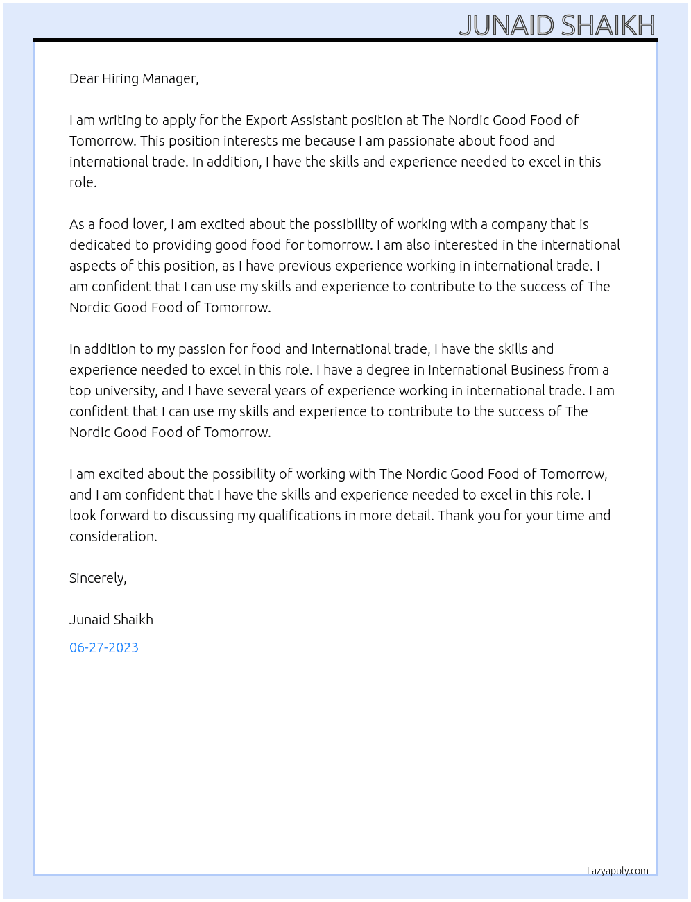 Export Assitant At The Nordic Good Food of Tomorrow Cover Letter