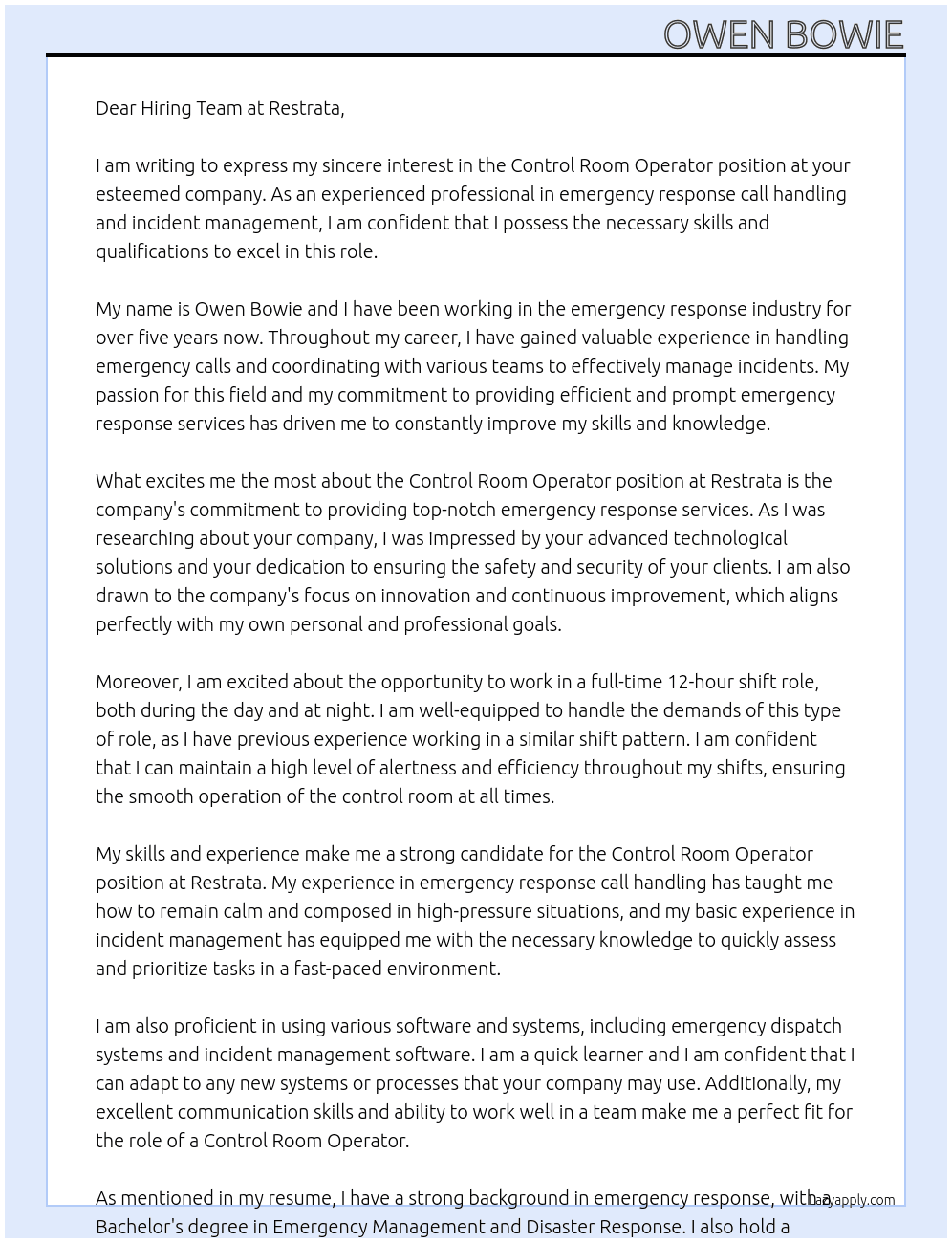 Control room operator At Restrata  Cover Letter