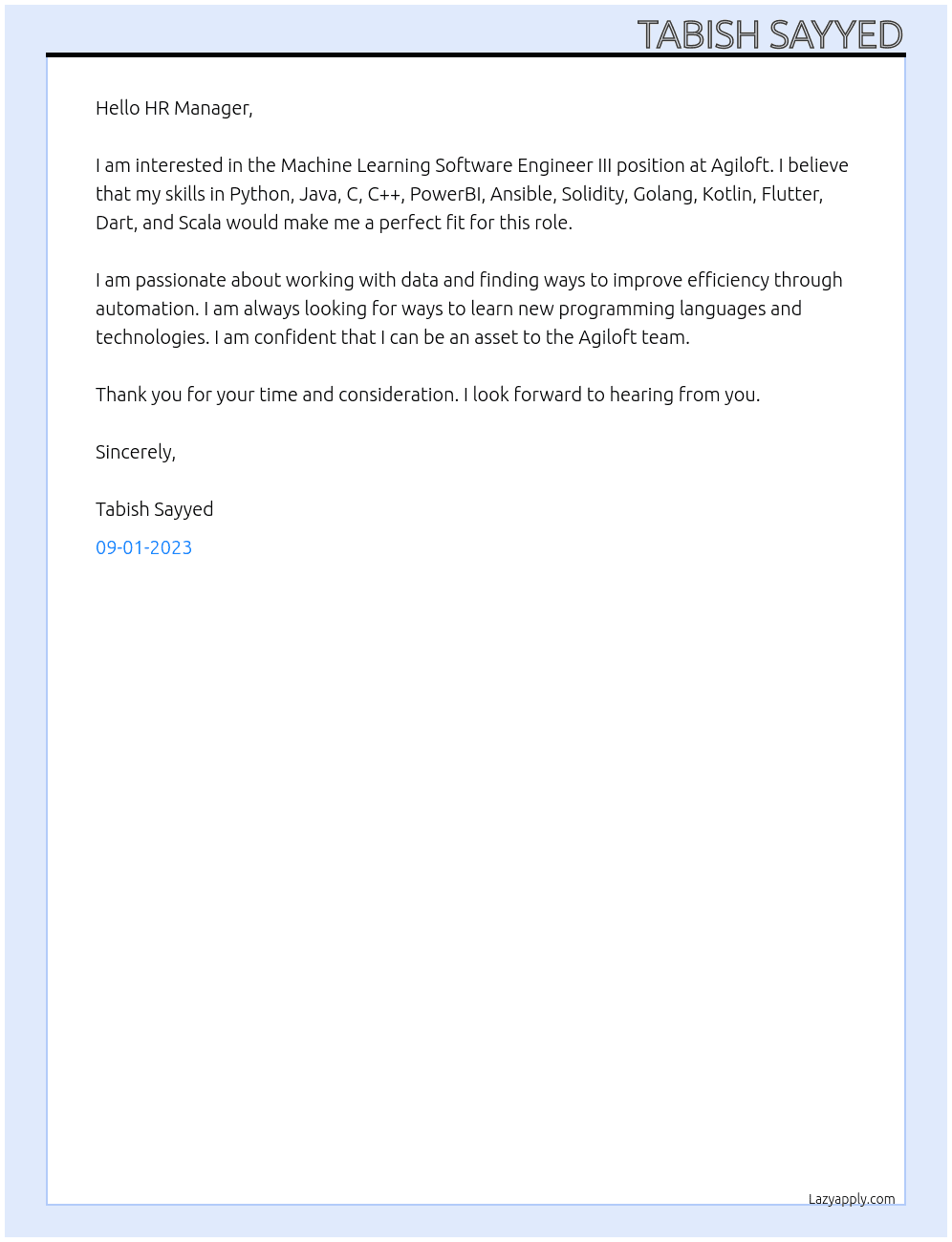 Machine Learning Software Engineer III At Agiloft Cover Letter