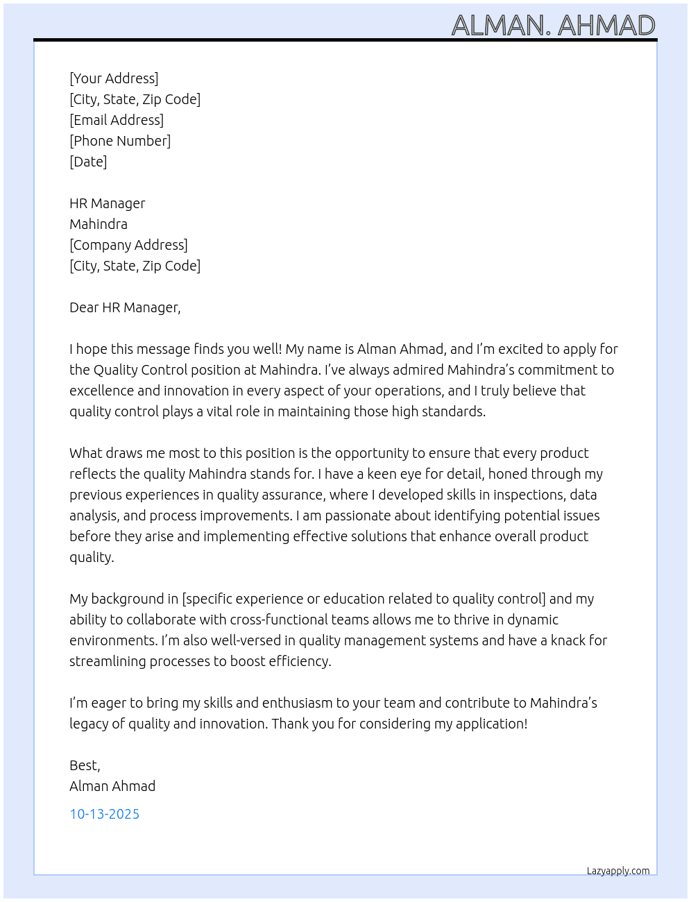 Qulity Control At Mahindra  Cover Letter