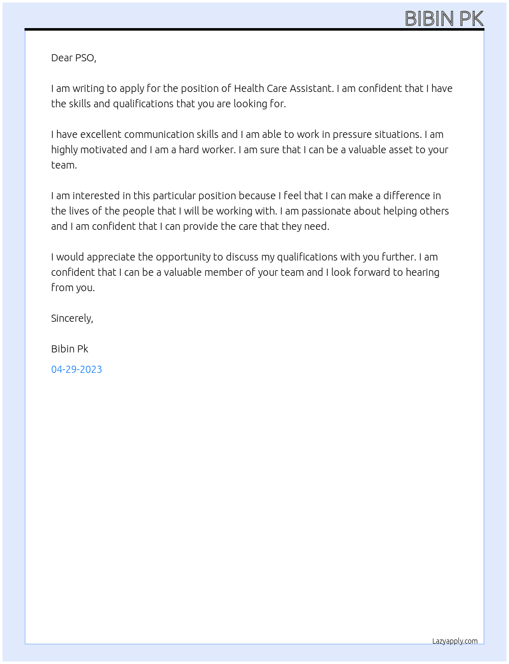Health care assistant At PSO Cover Letter