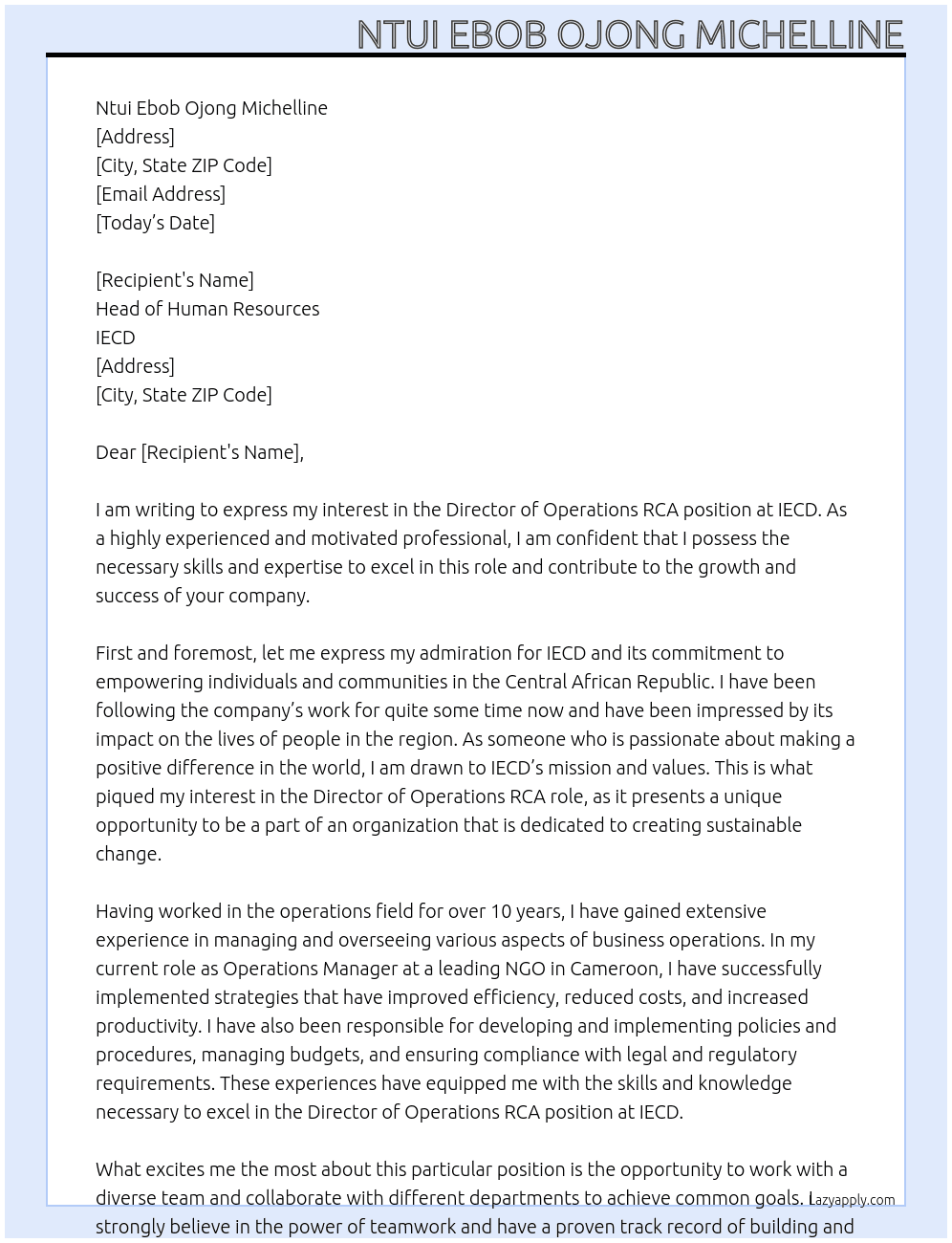 Director of Operations RCA At IECD Cover Letter