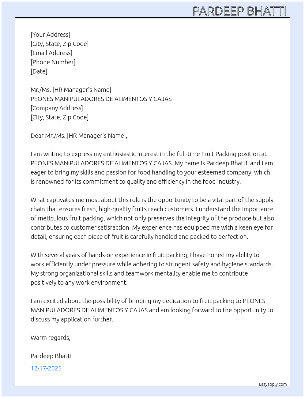 Fruit packing  At PEONES MANIPULADORES DE ALIMENTOS Y CAJAS Cover Letter