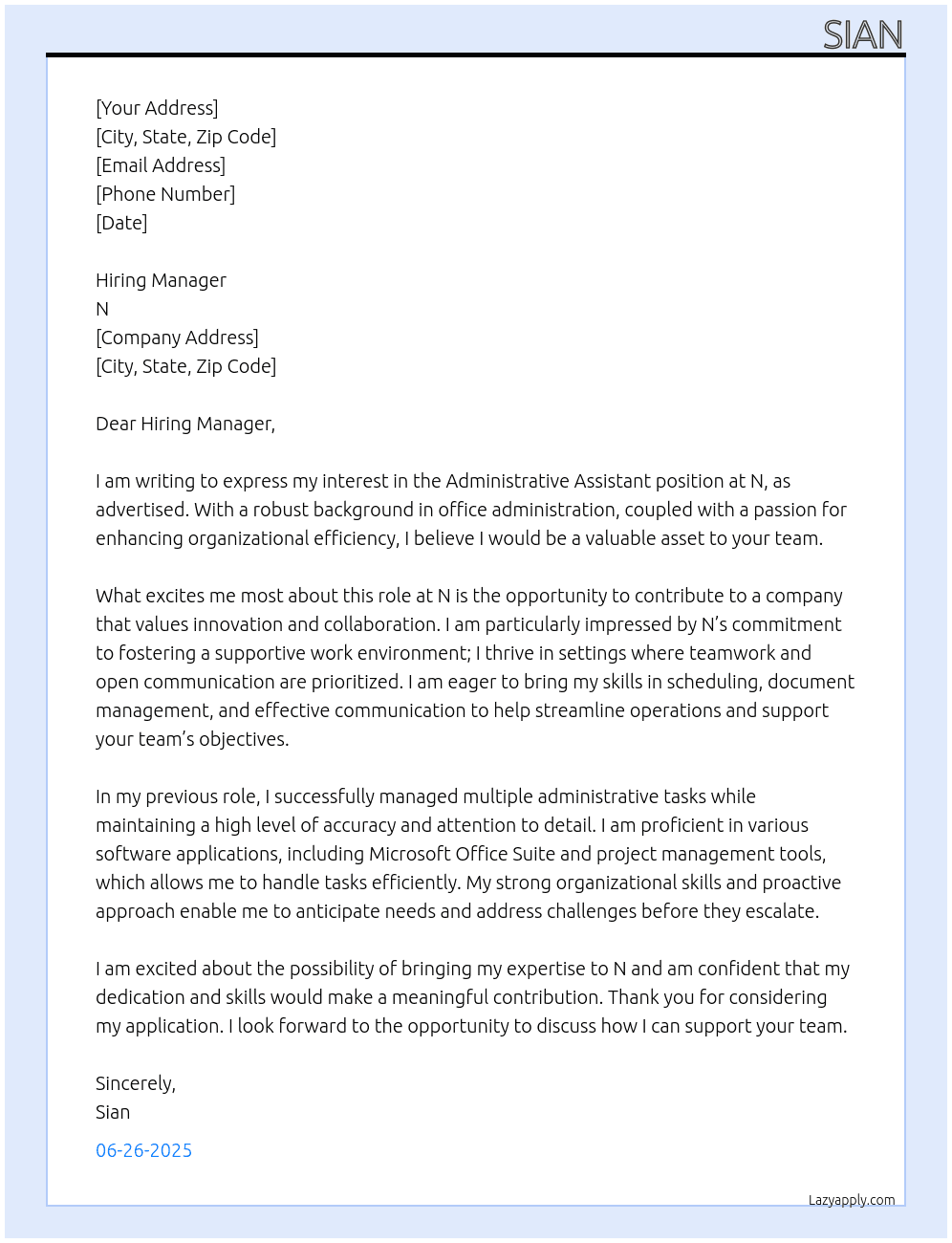 Administrative assistant At N Cover Letter
