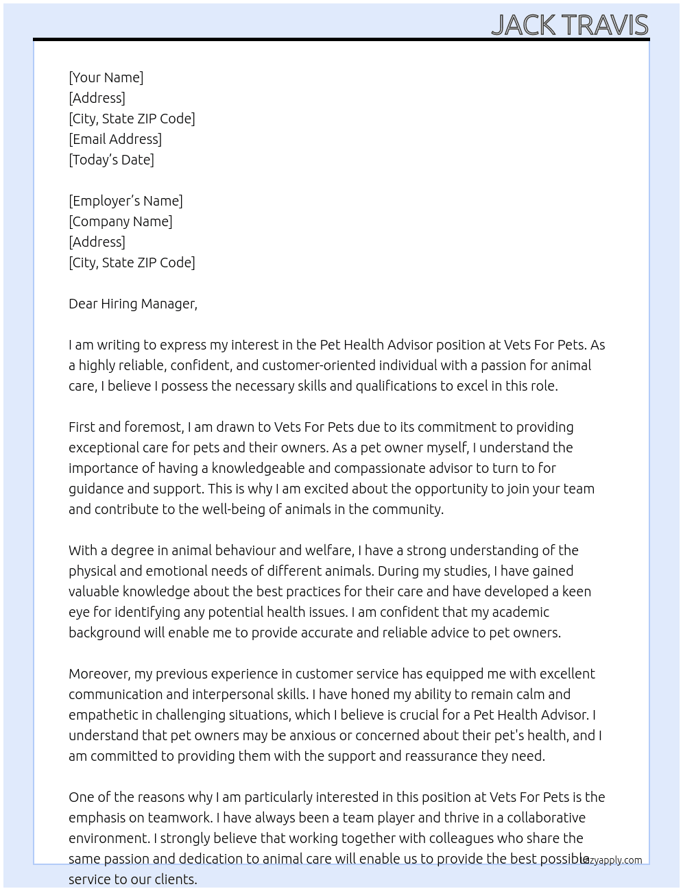 Pet Health Advisor At Vets For Pets Cover Letter