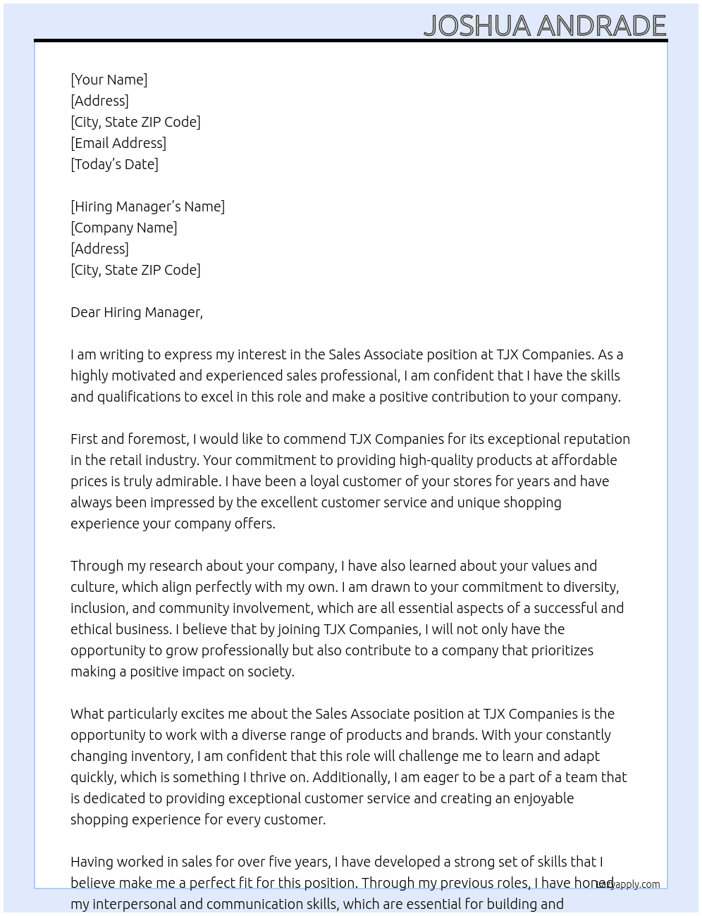 sales assosiate At TJX Companies  Cover Letter