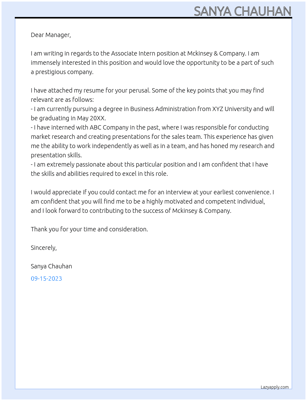 Associate intern At Mckinsey & Company  Cover Letter
