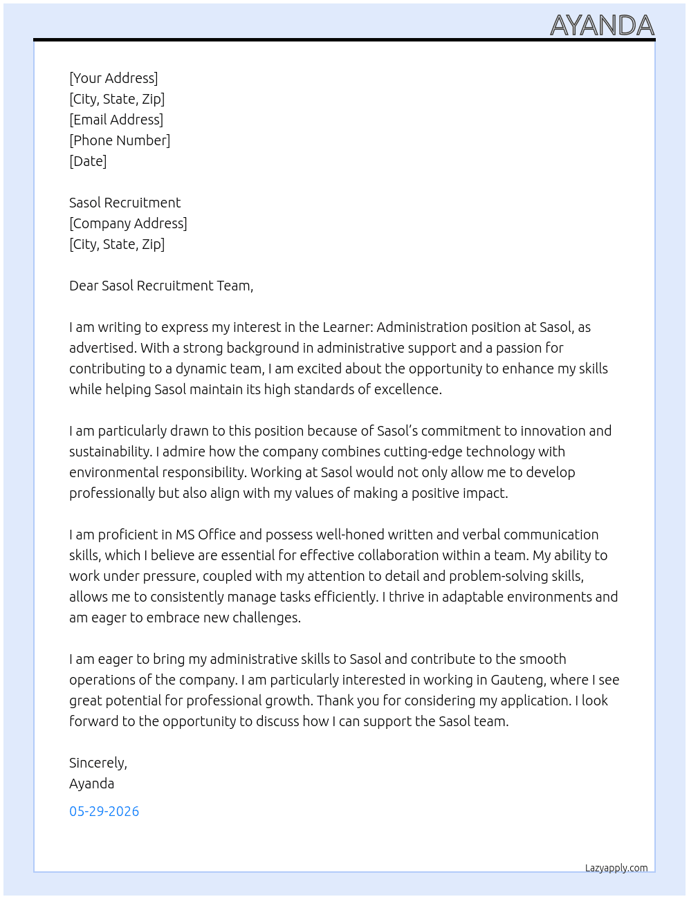 Learner: Administration At Sasol Cover Letter