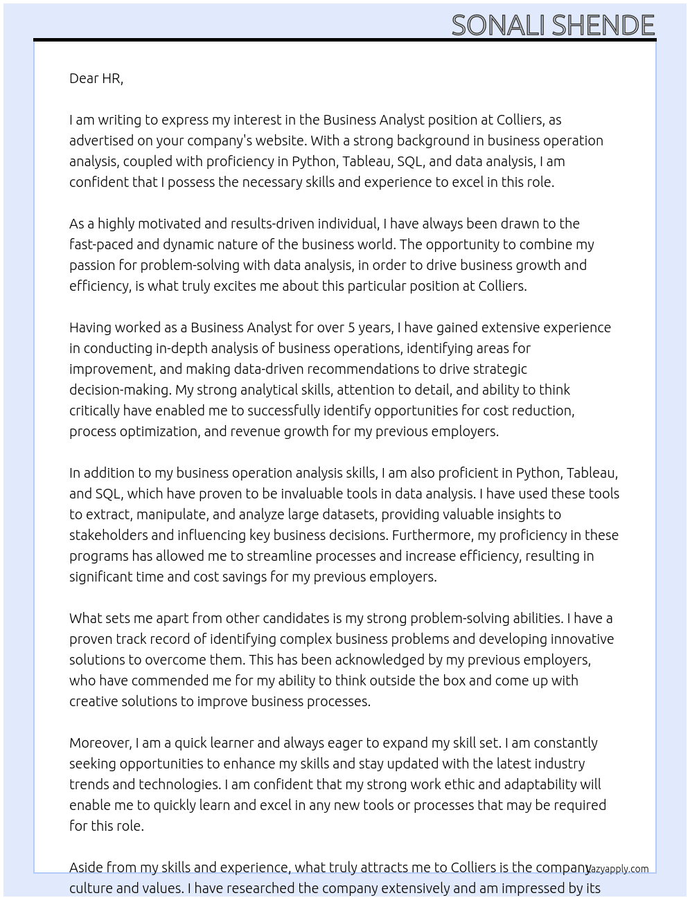 Business Analyst At colliers Cover Letter
