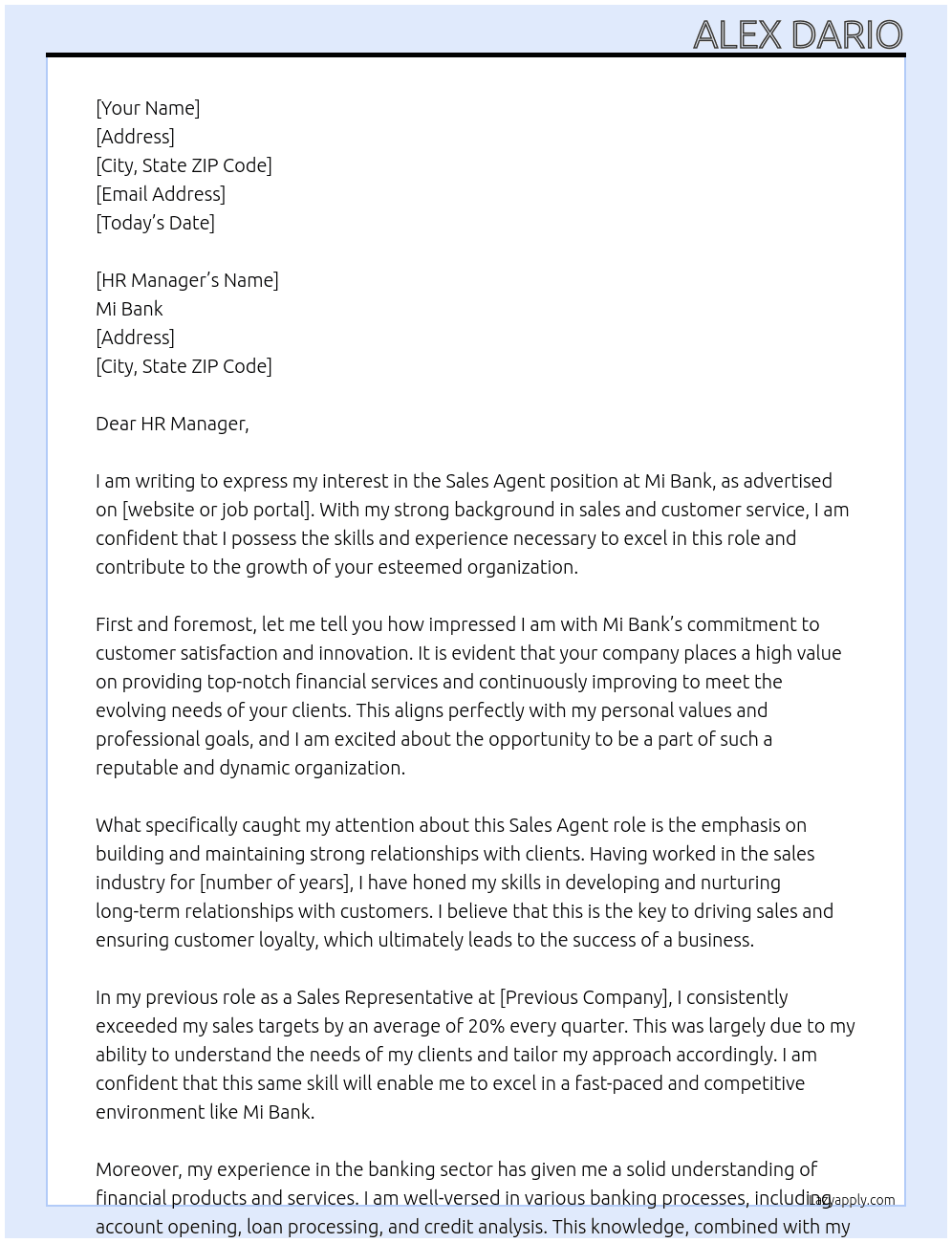 Sales Agent  At Mi Bank Cover Letter