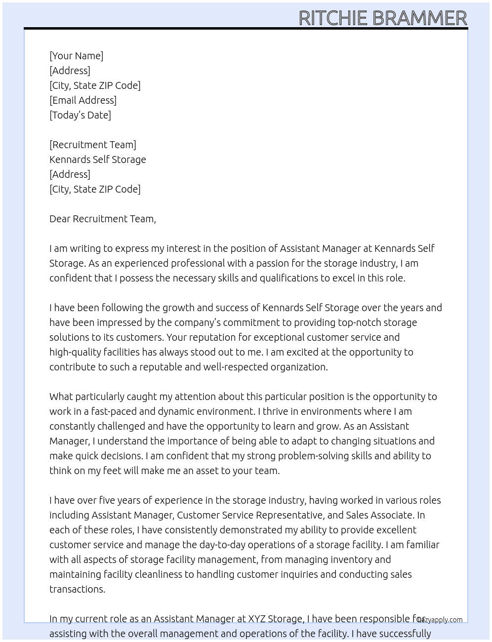 Assistant Manager - Fulltime At Kennards self storage Cover Letter