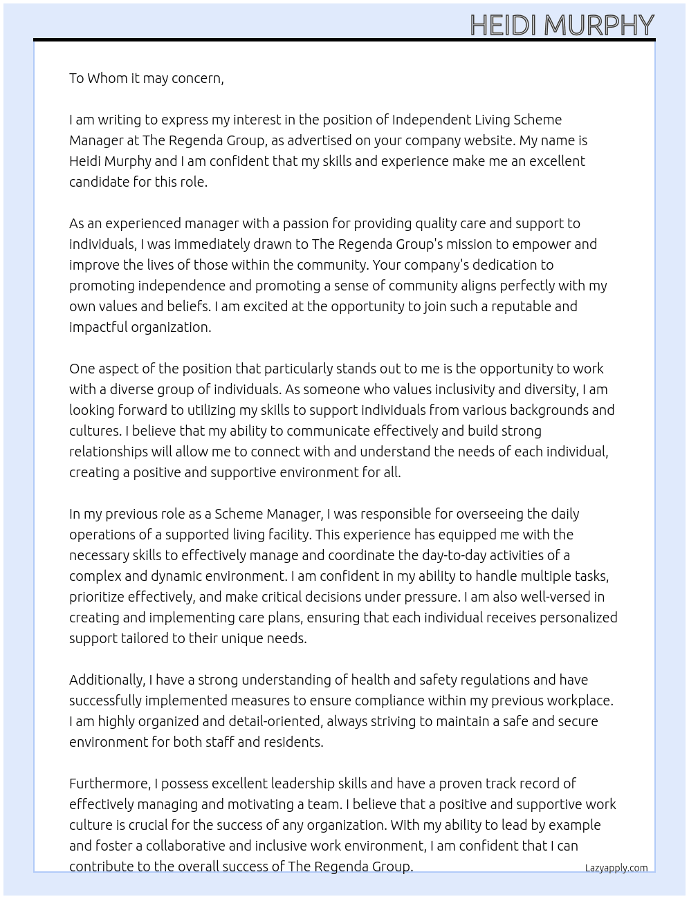 Independent living scheme manager  At The Regenda Group Cover Letter
