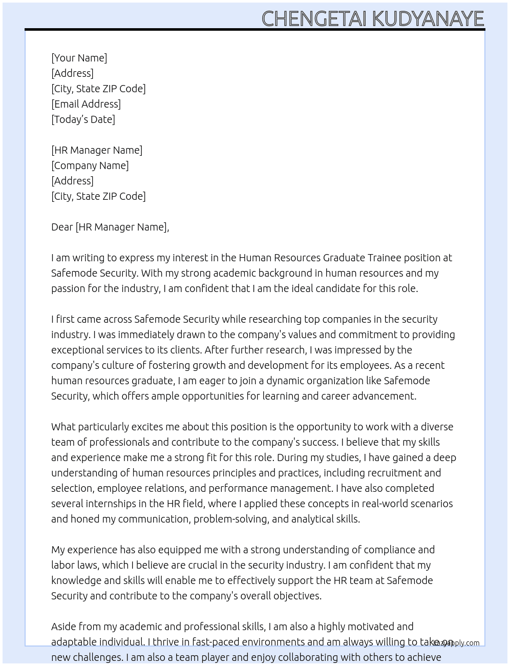 Human Resources Graduate Trainee  At Safemode Security  Cover Letter