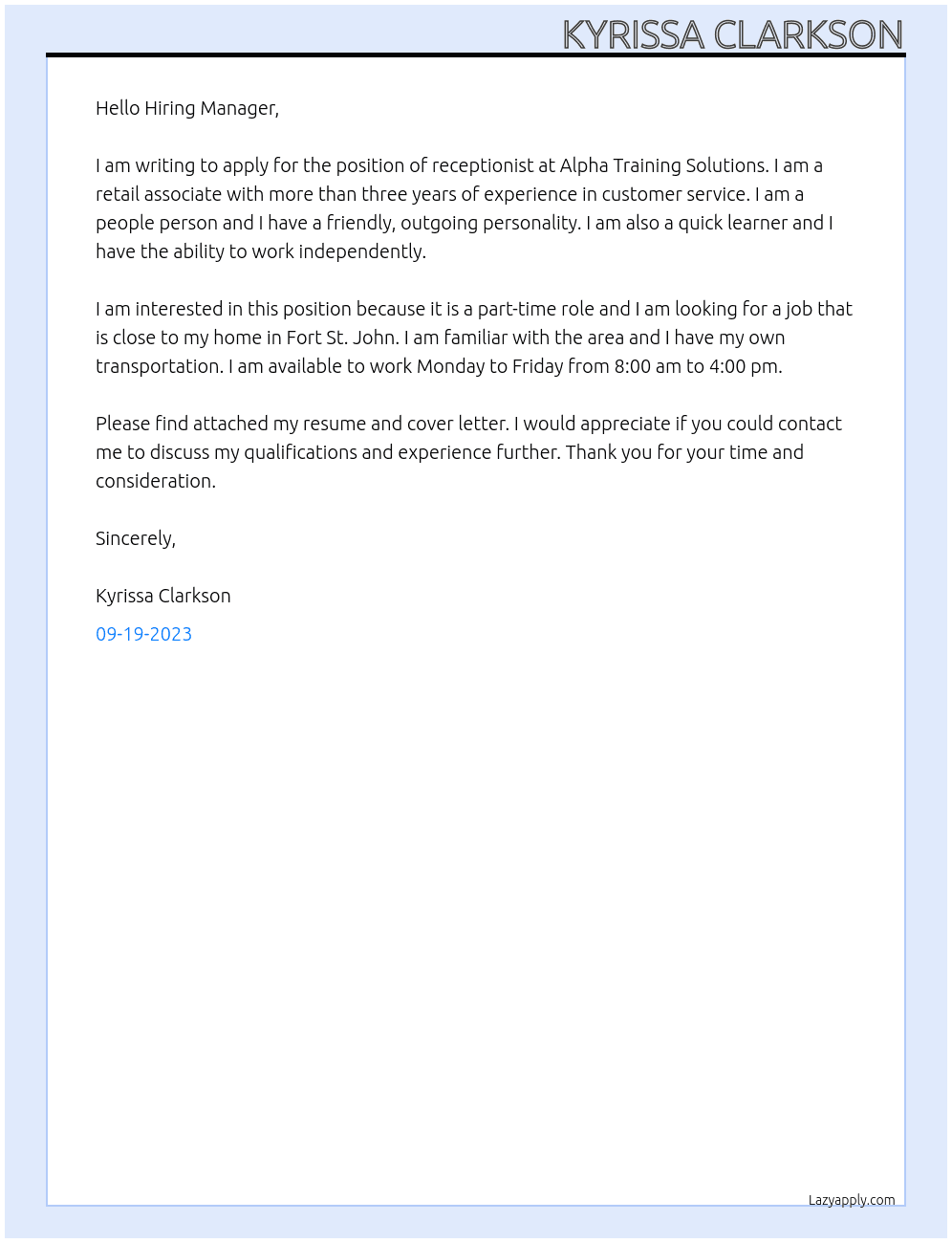 Receptionist At Alpha Training Solutions  Cover Letter
