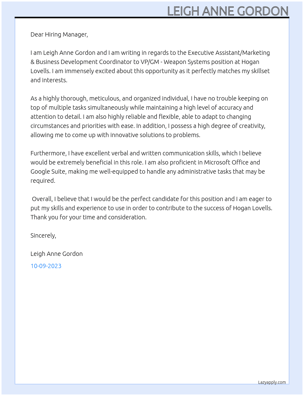 Executive AssistanMarketing & Business Development Coordinatort to VP/GM - Weapon Systems At Hogan Lovells Cover Letter