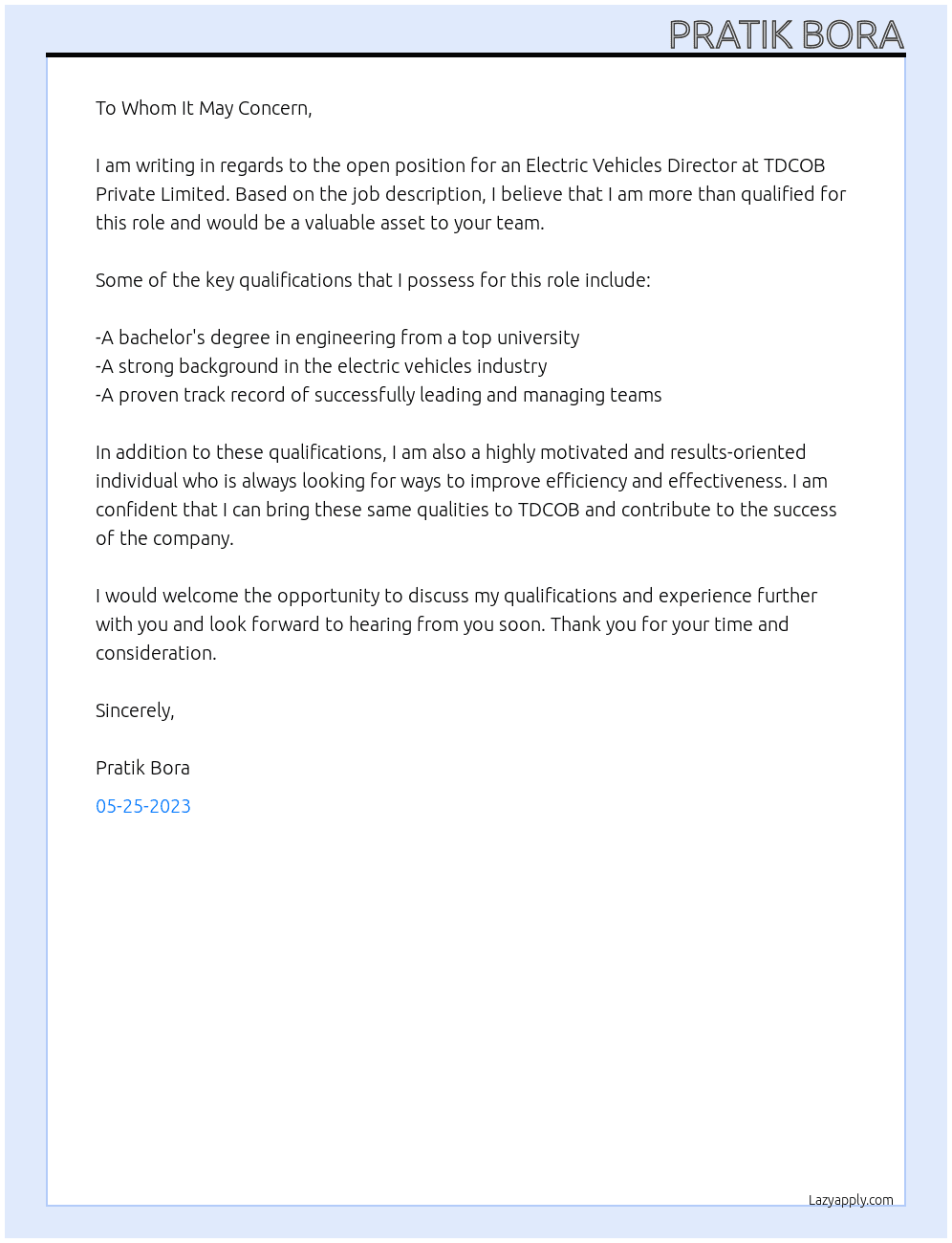 Electric Vehicles  At TDCOB PRIVATE LIMITED Cover Letter