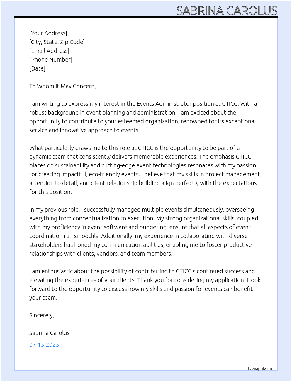 Events Administrator At CTICC Cover Letter