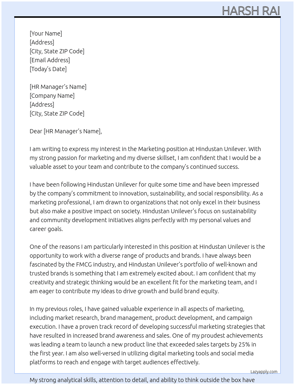 Marketing  At Hindustan Uniliver Cover Letter