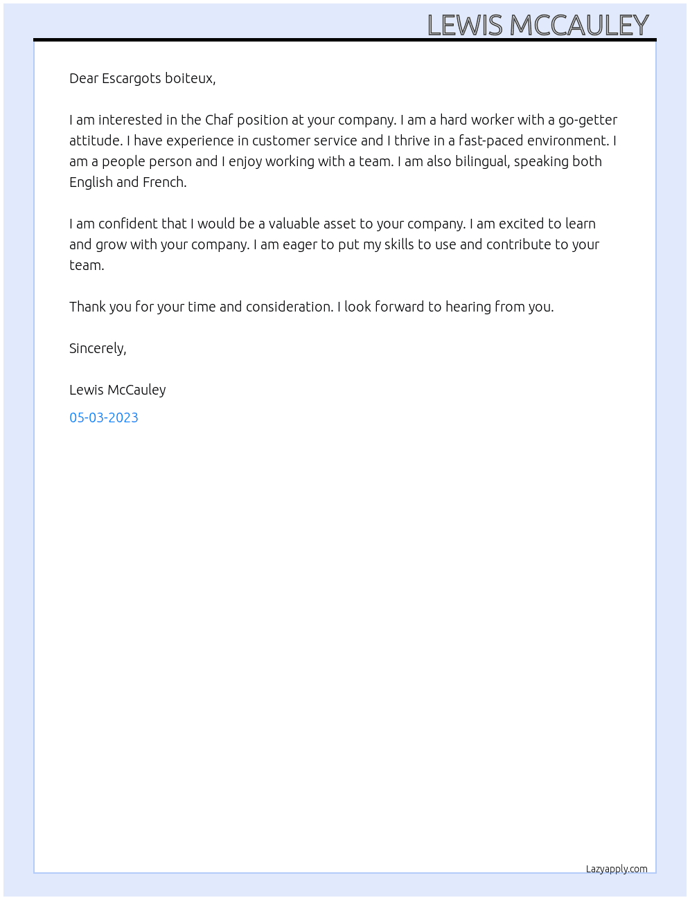 Chaf At Escargots boiteux Cover Letter