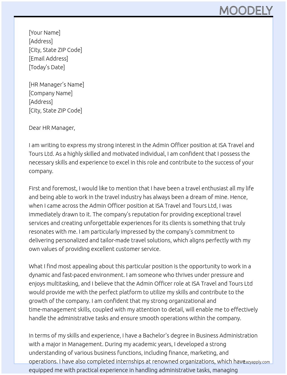 admin officer At ISA TRAVEL AND TOURS LTD Cover Letter