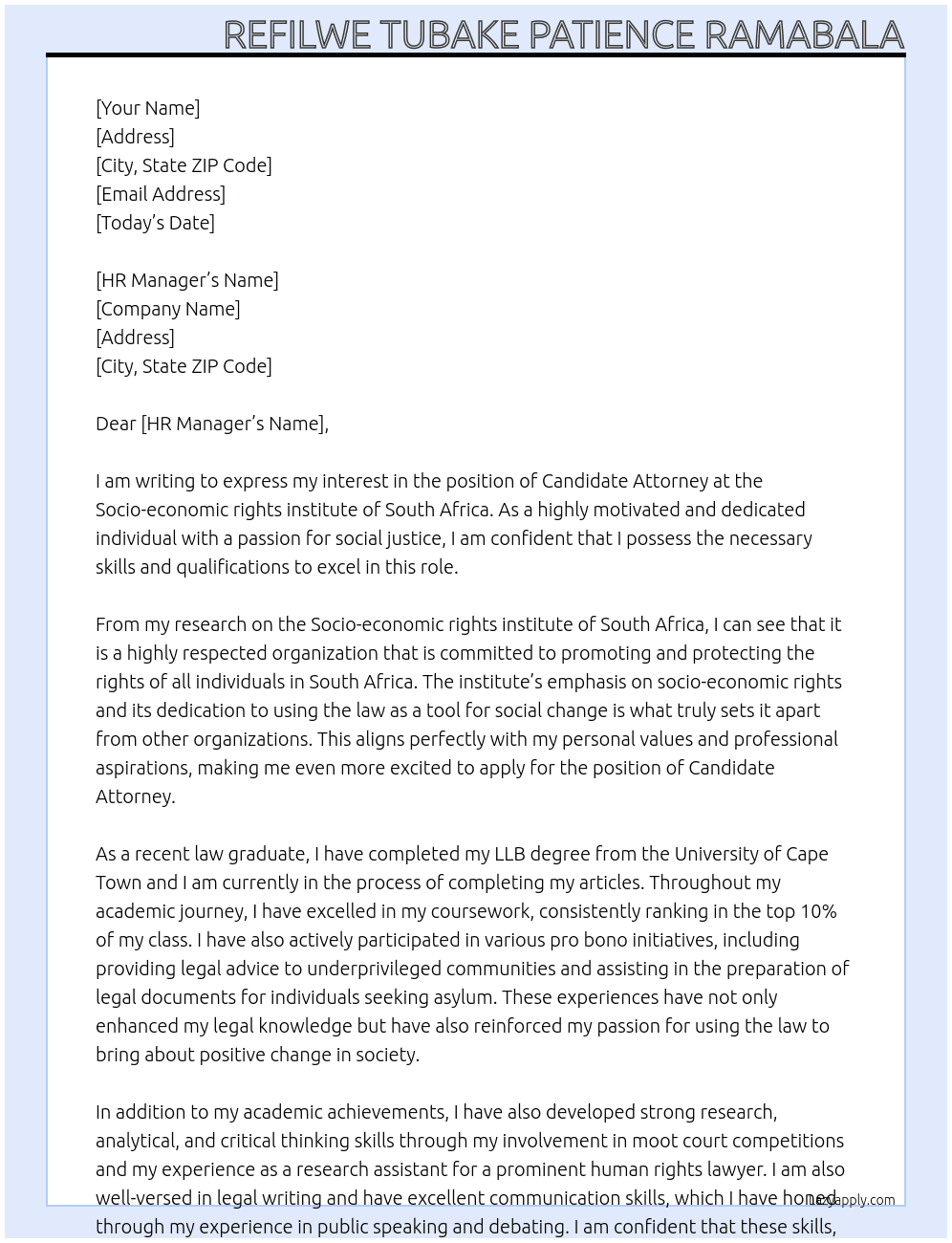 Candidate attorney  At Socio-economic rights institute of South Africa  Cover Letter