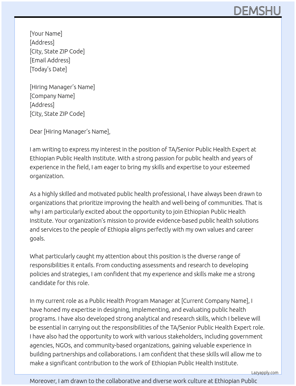 TA/senior Public Health expert At Ethiopian Public Health Institute Cover Letter