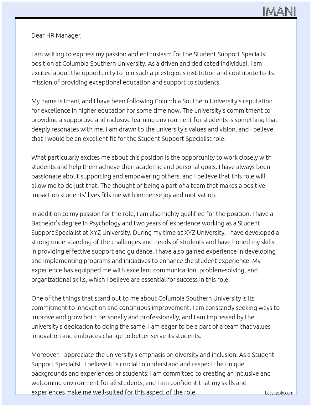 Student support specialist  At Columbia Southern University Cover Letter