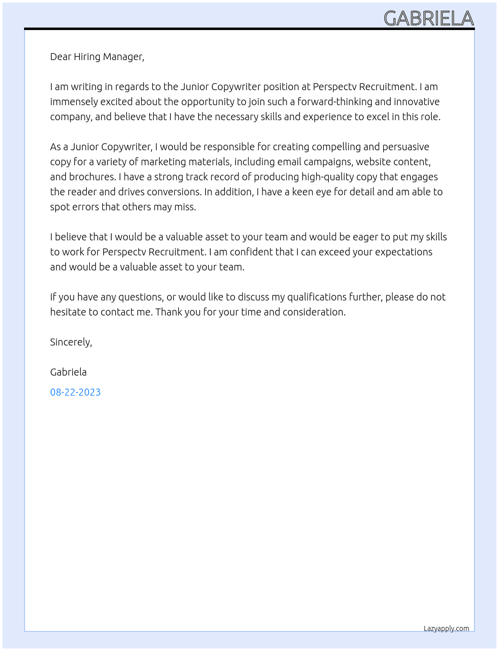 Junior Copywriter At Perspectv Recruiment Cover Letter