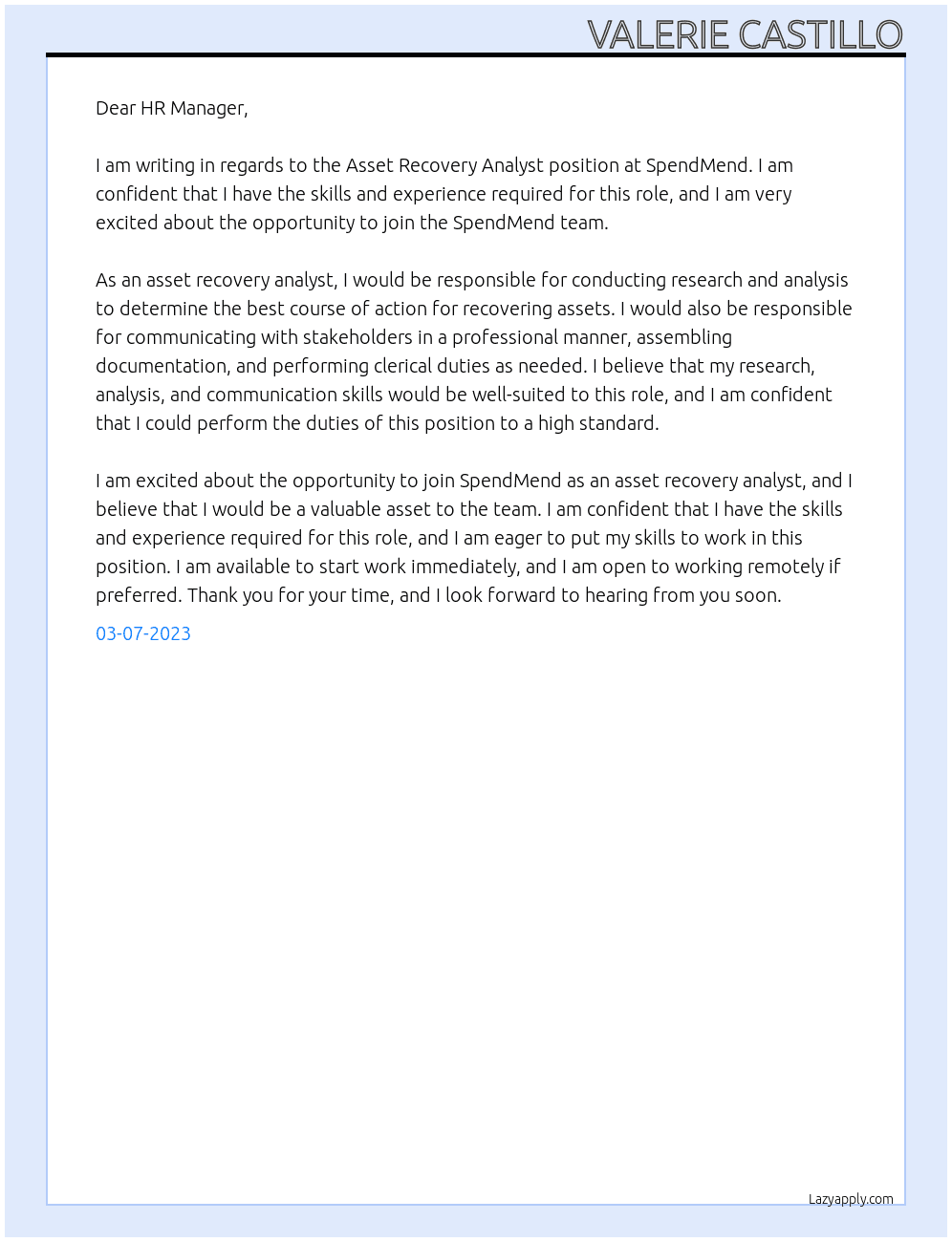 Asset Recovery Analyst At SpendMend Cover Letter