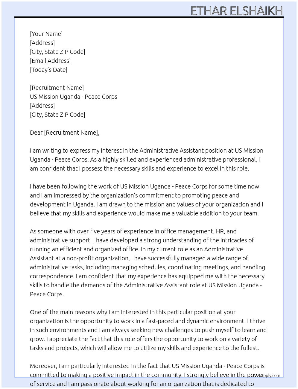 Administrative Assistant At US Mission Uganda - Peace Corps Cover Letter