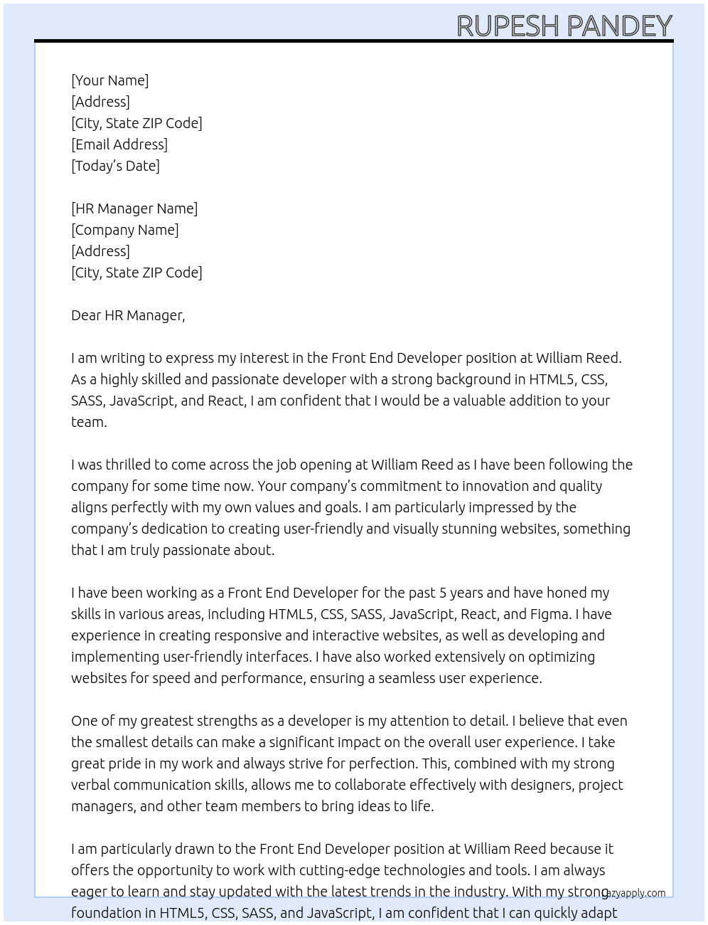 Front End Developer At William Reed Cover Letter