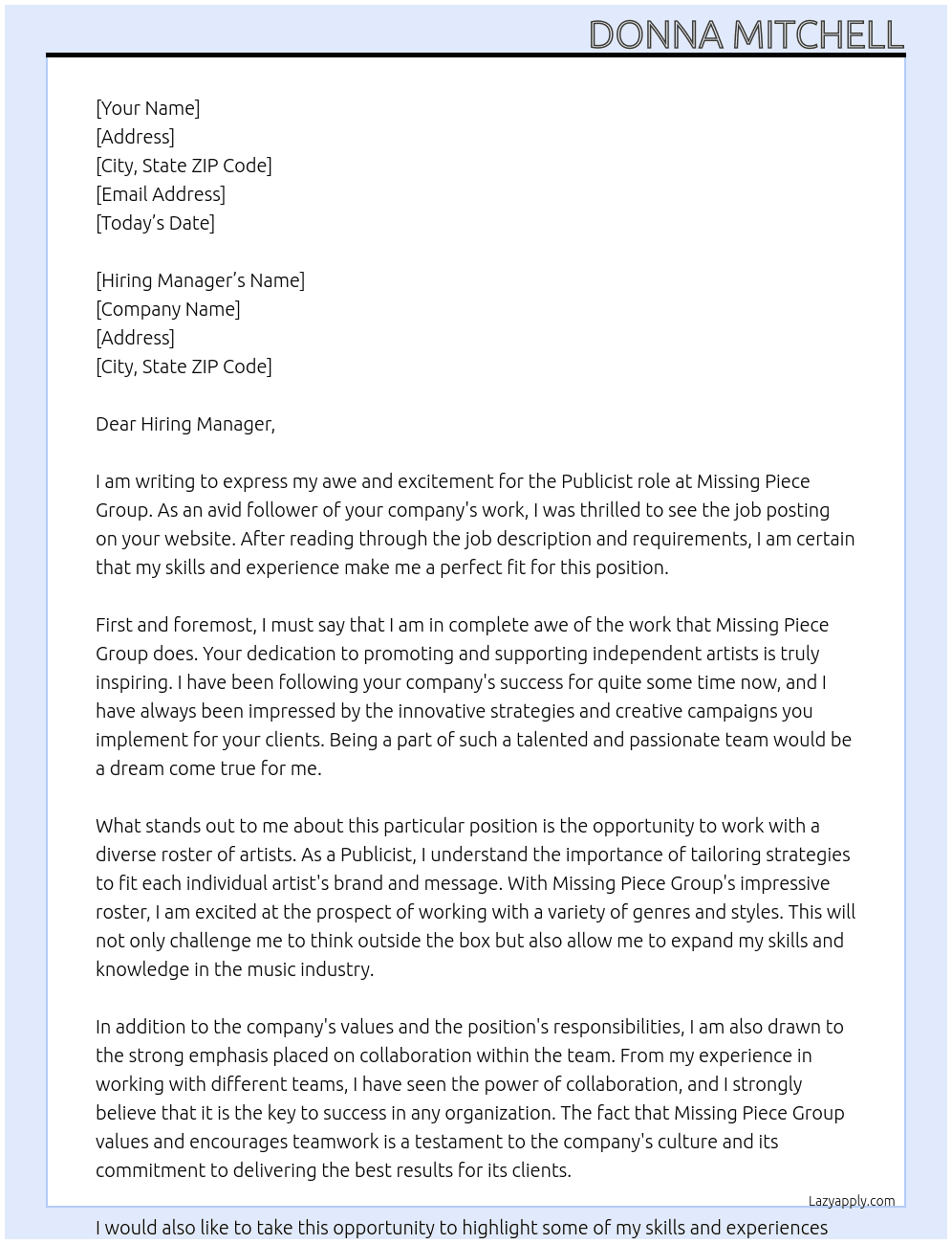 Publicist At Missing Piece Group Cover Letter