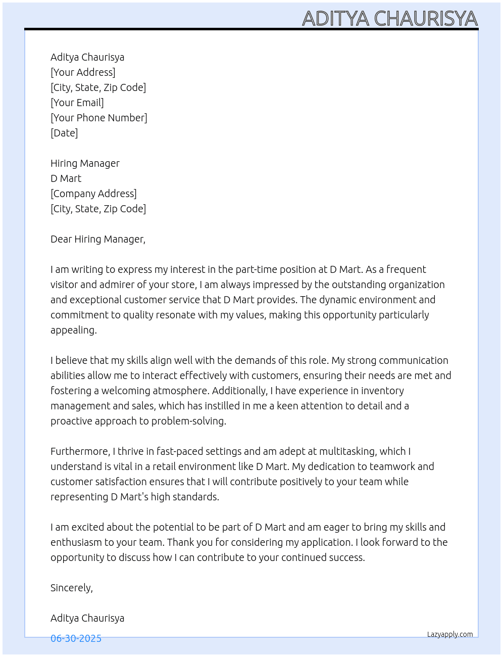 part time At d mart Cover Letter