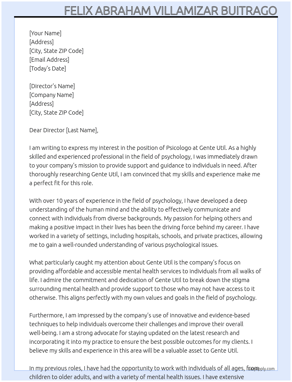 Psicologo At Gente Util Cover Letter