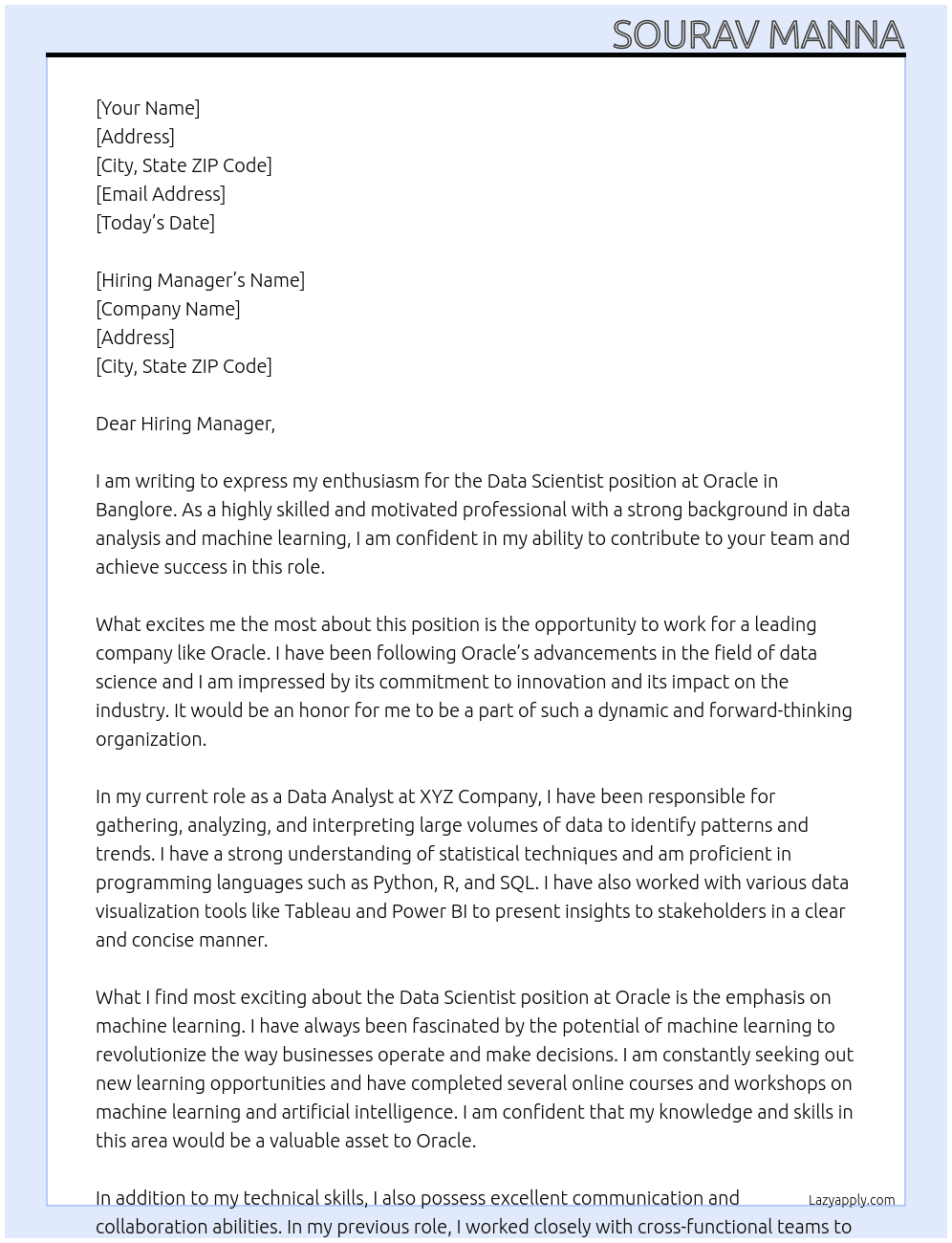 Data scientist At Oracle Cover Letter