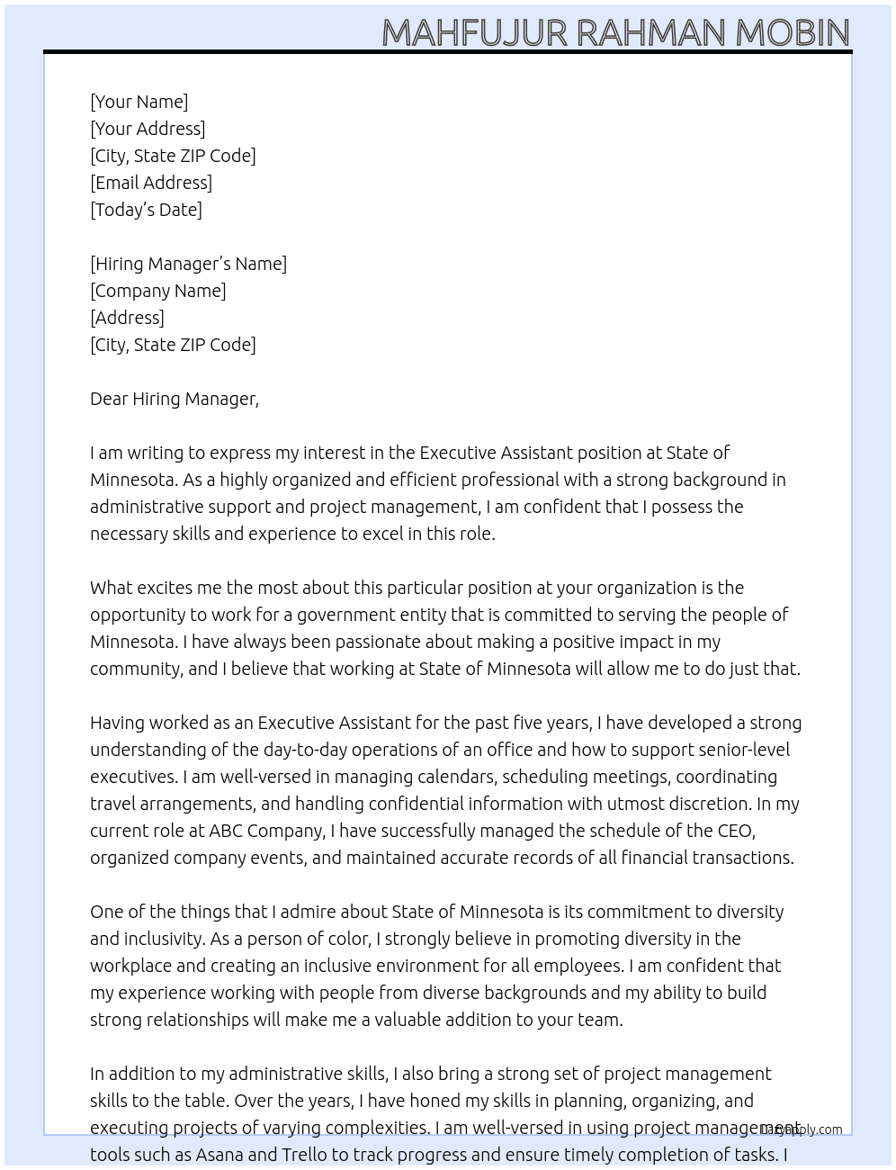 Executive Assistant At State of Minnesota Cover Letter