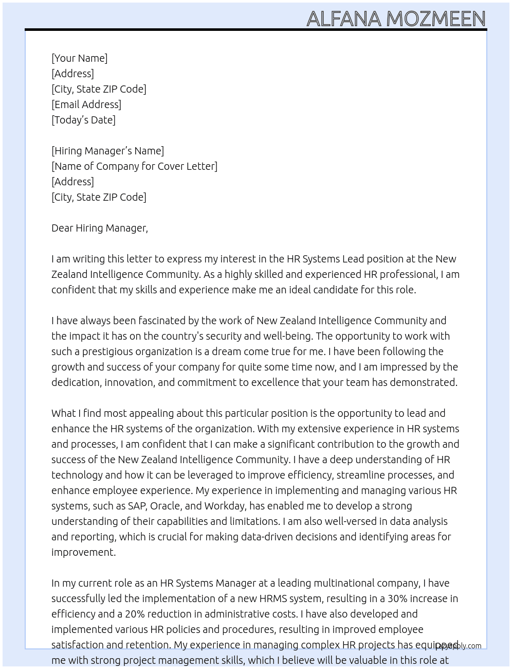 HR Systems Lead At New Zealand Intelligence Community Cover Letter