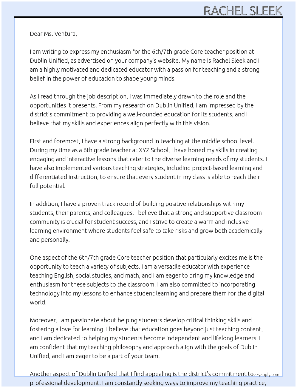 6th/ 7th grade Core teacher  At Dublin Unified  Cover Letter