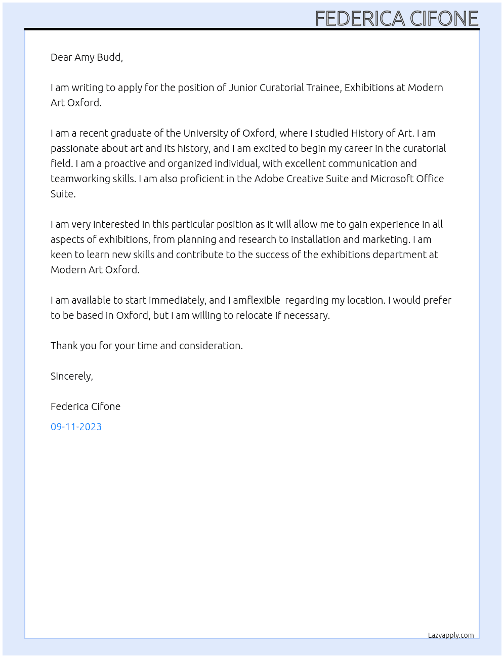 Junior Curatorial Trainee, Exhibitions At Modern Art Oxford Cover Letter