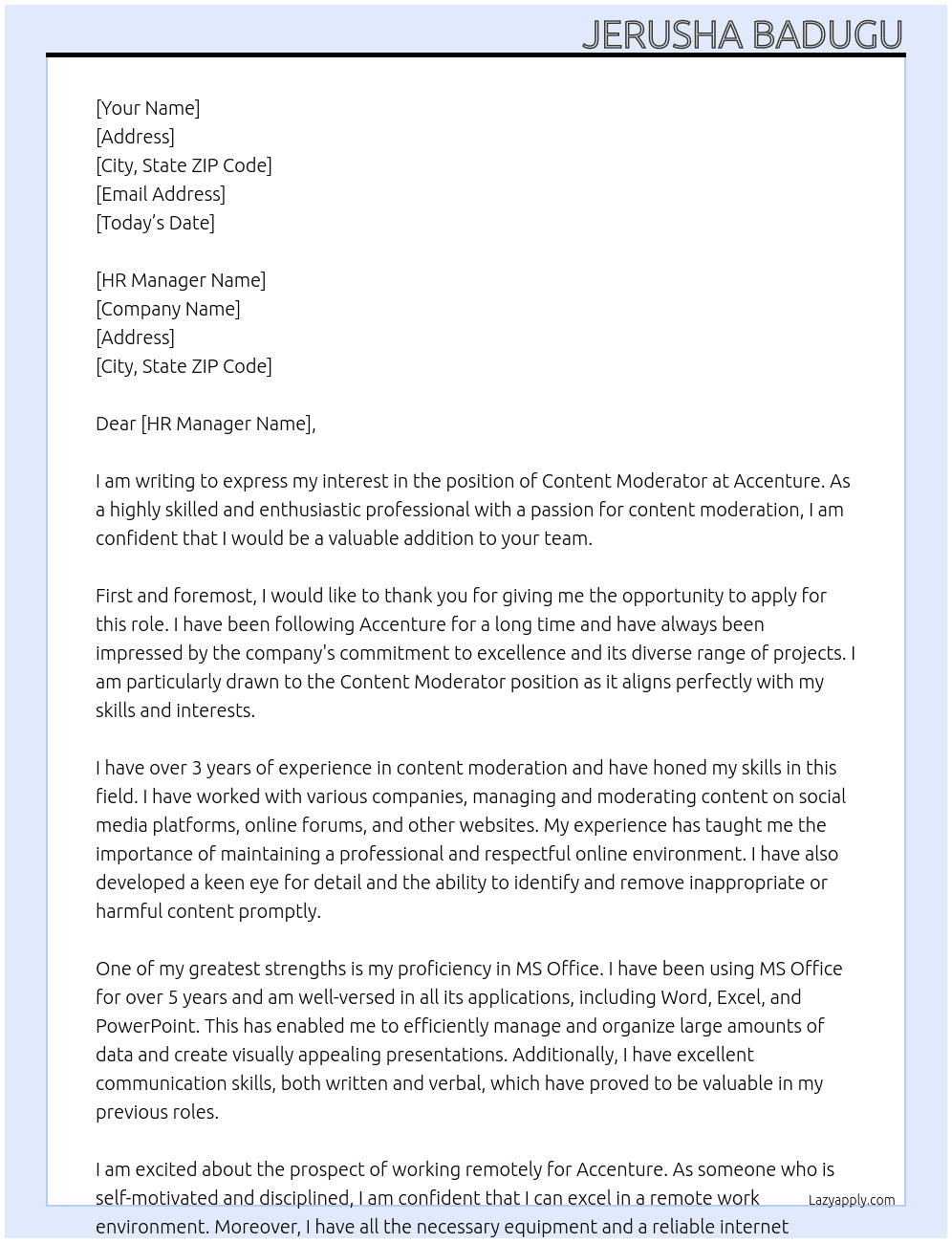 Content moderator  At Accenture  Cover Letter