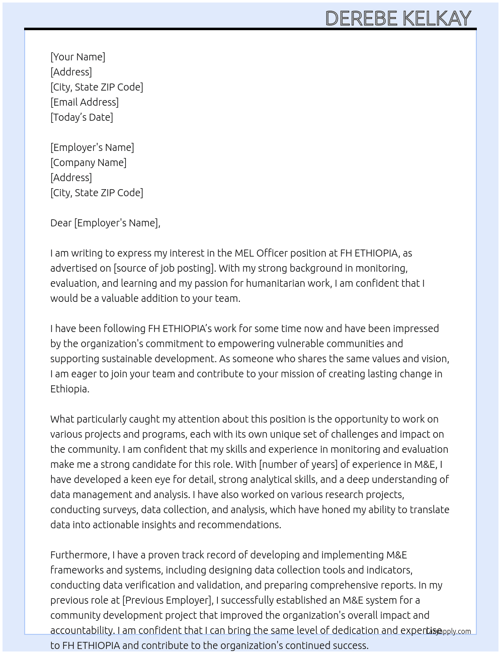 MEL Officer At FH ETHIOPIA Cover Letter