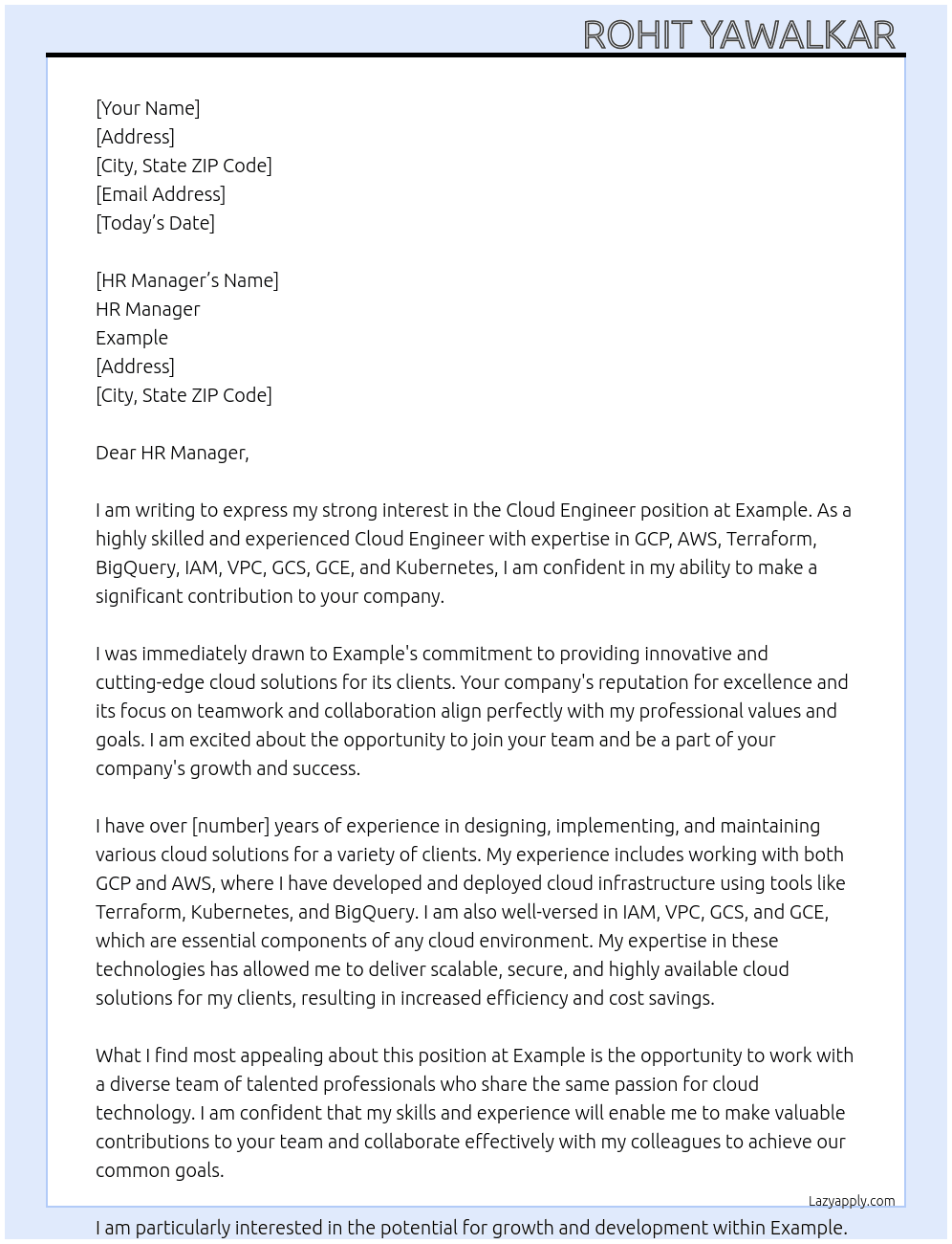 Cloud Engineer  At Example  Cover Letter