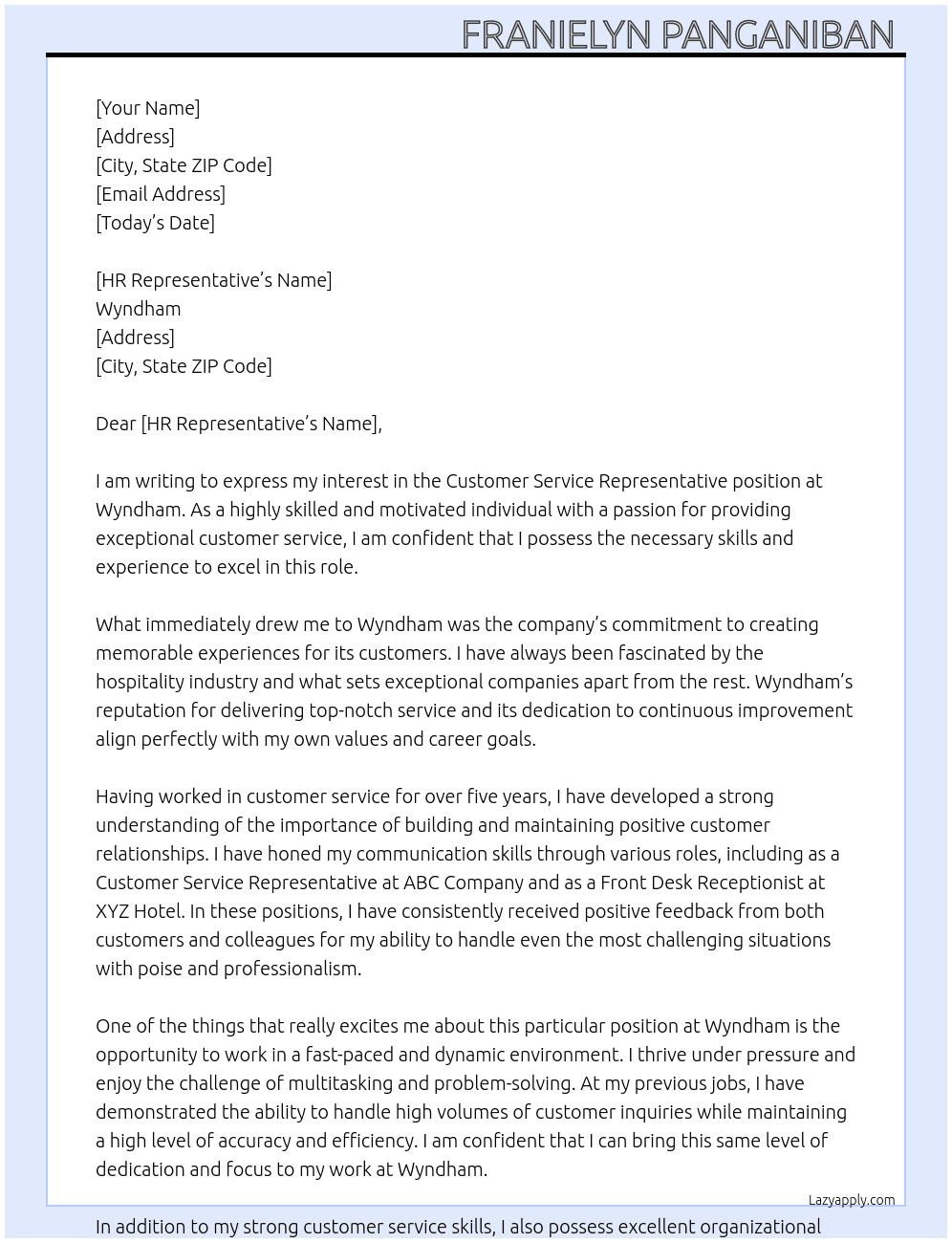 Customer service Representative  At Wyndham  Cover Letter